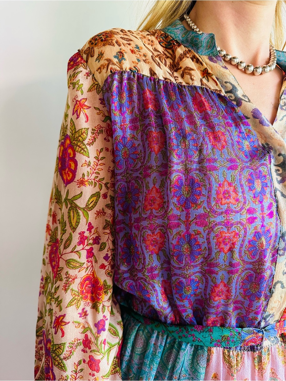 Vintage Judith Ann For Heiser-Egan 100% Silk Patchwork Boho Midi Dress Tie Waist - Picture 6 of 10